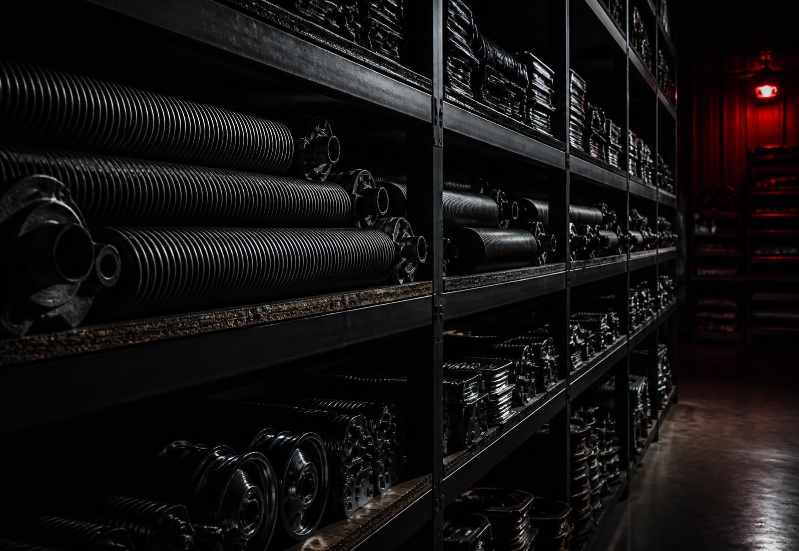 Warehouse shelving stocked with garage door springs and hardware